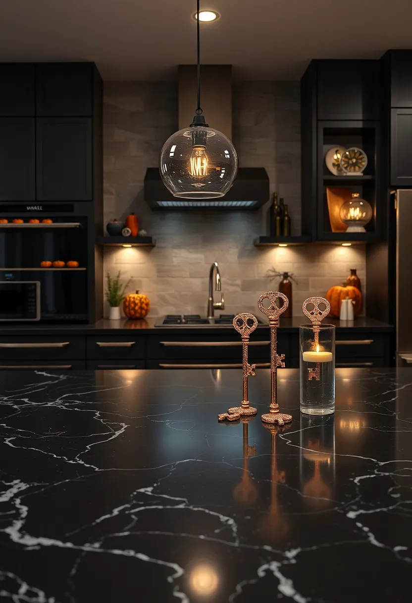 Sleek Black marble Countertops Highlighted by Glittering Skeleton Key Decorations