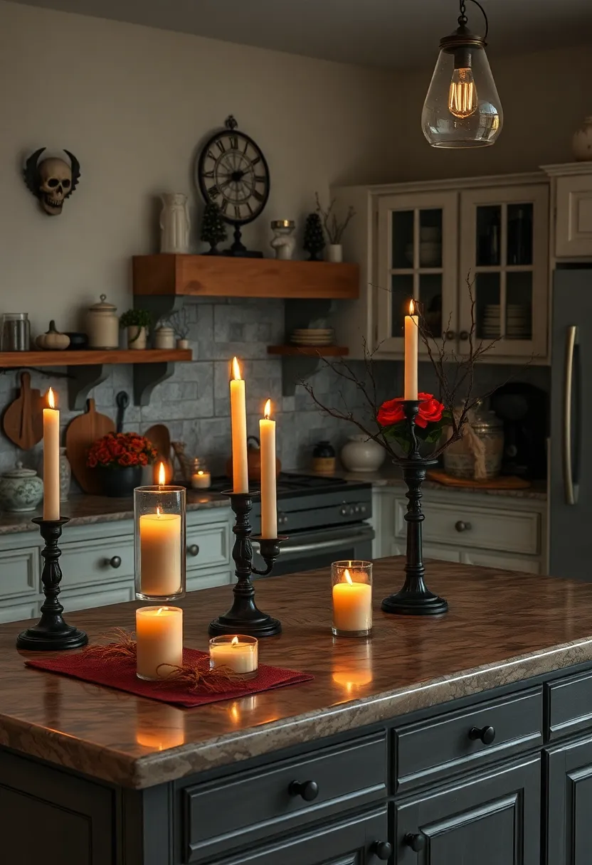 Spooky candle Arrangements Casting Eerie Shadows on Vintage Kitchen Countertops