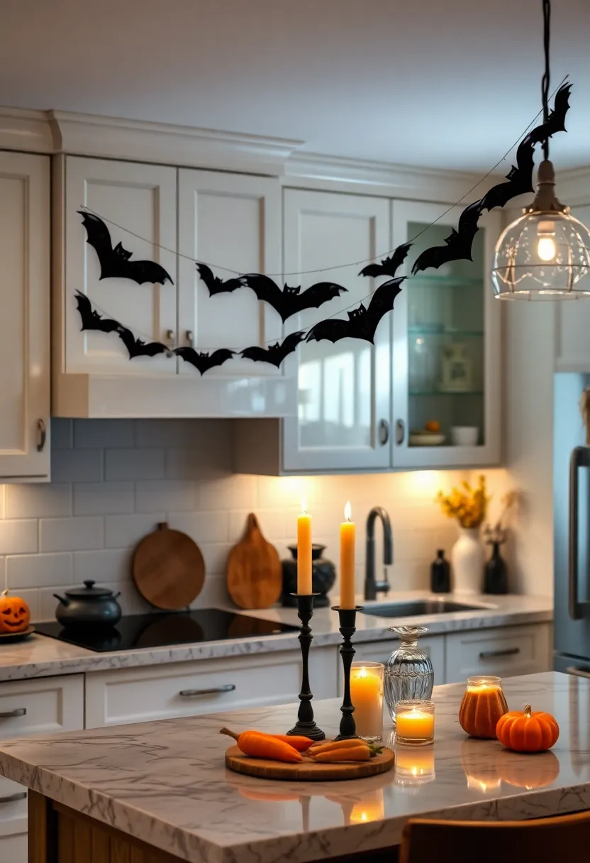 Subtle Bat Garlands Draped Over Glossy Cabinets with Soft Candlelight Glow