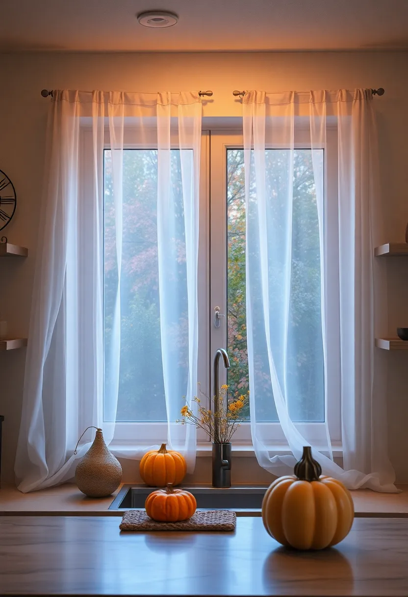 Translucent Ghostly Drapes Softening Light in an Autumnal Kitchen Window Scene