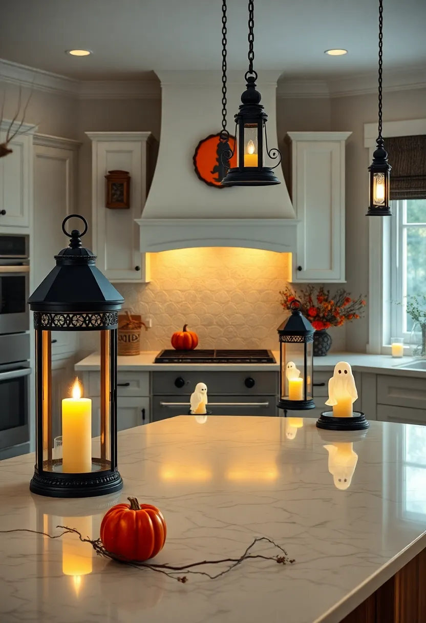 Victorian Style Lanterns Illuminating Ghostly Silhouettes on White Marble Surfaces