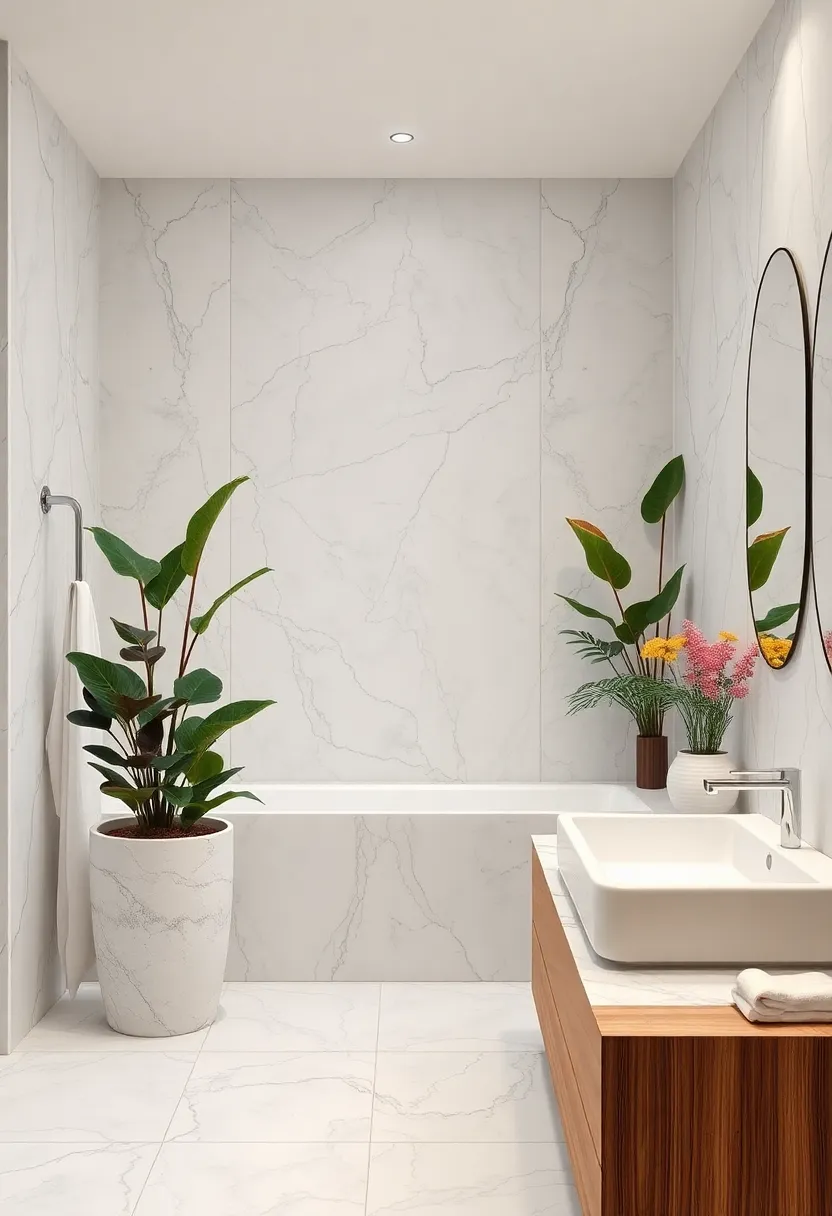 Aromatic Plants Nestled in ‌Marble Planters Bringing Life⁤ to ⁢a Contemporary bathroom Design