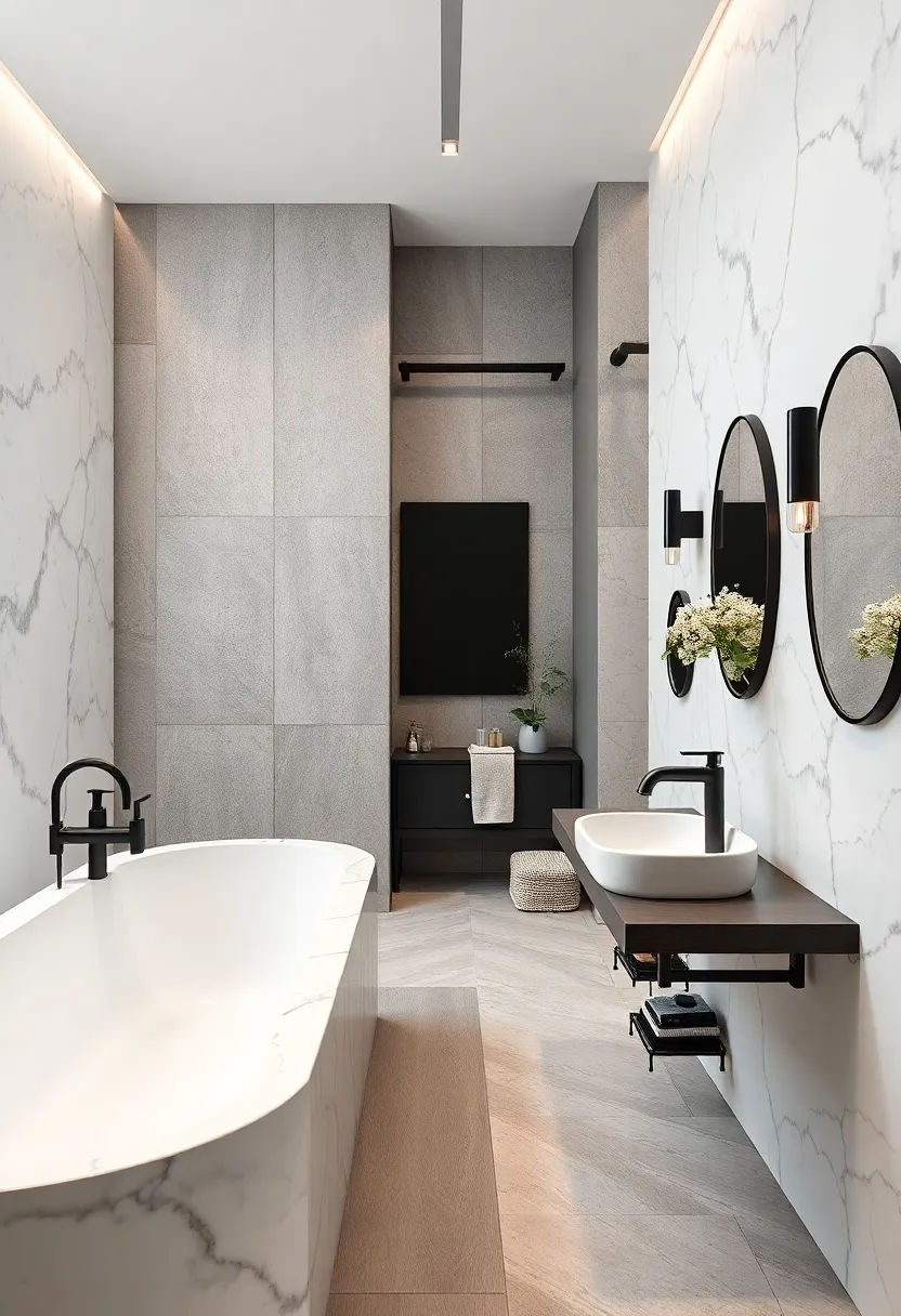 Contrast Between Matte Black‌ Fixtures and Bright White ⁤Marble Accents in a Modern ‌Bathroom