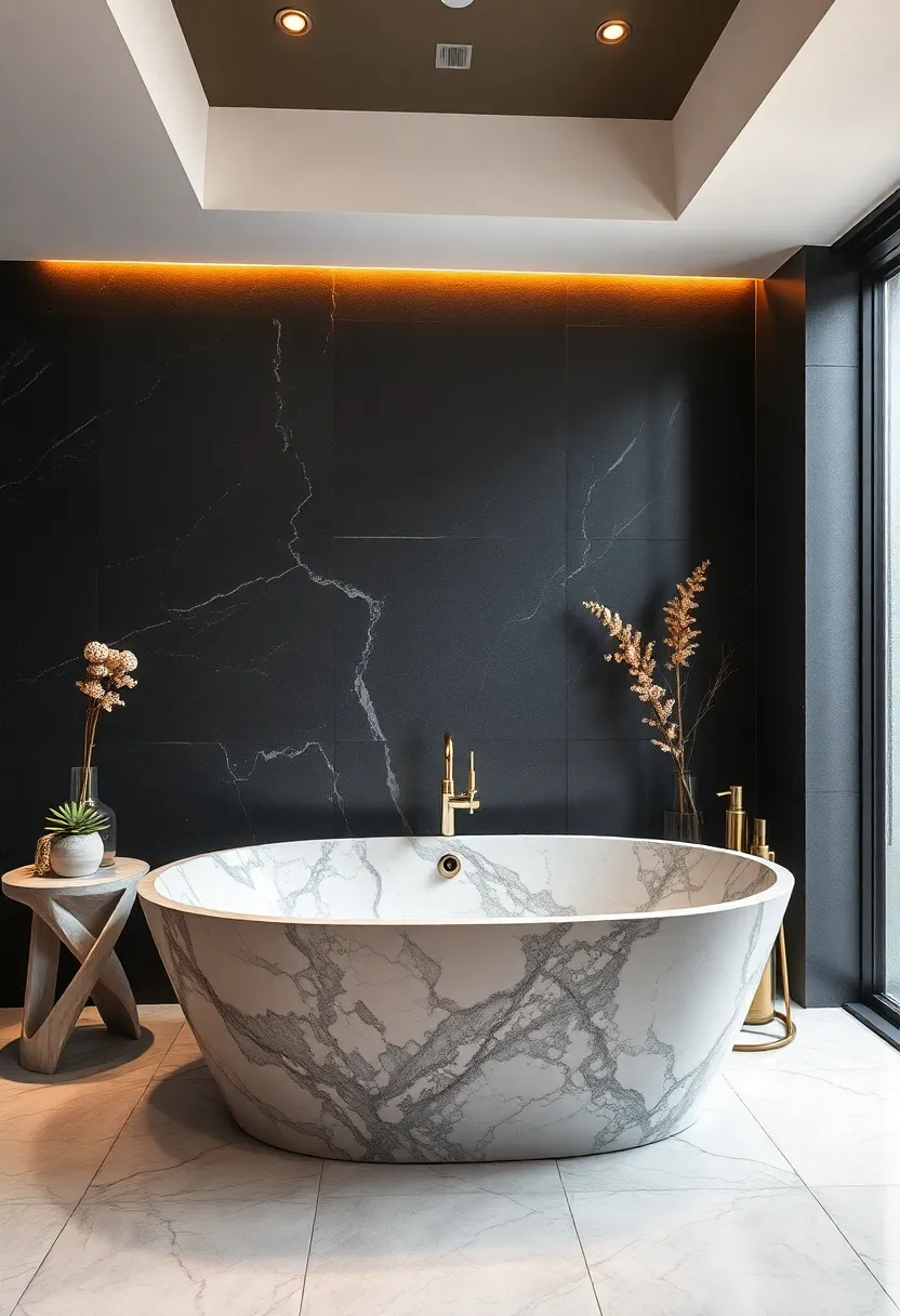 Deep‌ Free-standing Marble Bathtub Set Against a Dramatic Dark ‍Wall for a Bold Contrast