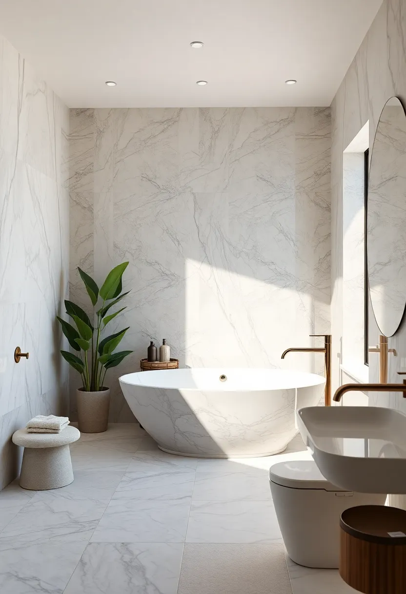 elegant Marble Bathtub Surrounded by Minimalist Fixtures ​and Natural Greenery for a Serene ‌atmosphere