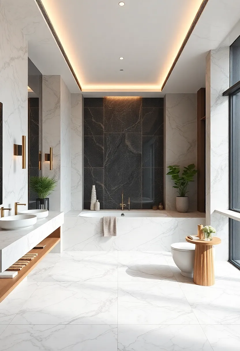 Floor-To-Ceiling Marble Surrounds Enhancing the Spacious Feel of ⁤a contemporary Bathroom Retreat