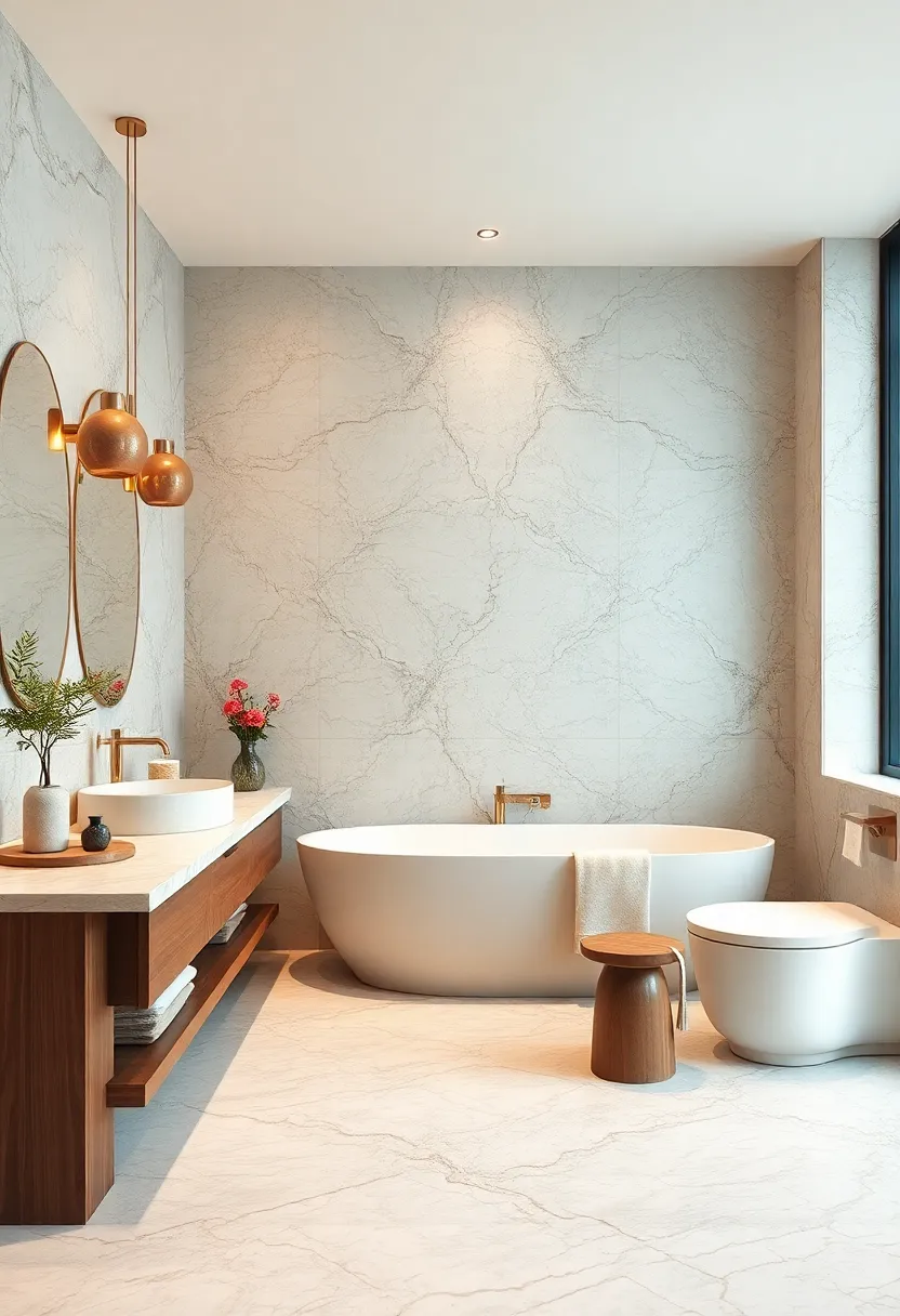 Glossy Marble Backsplash with Subtle Gold Veins Complementing Warm Wooden Elements