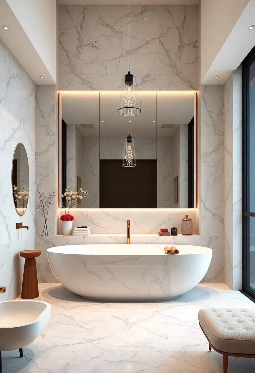 High Ceilings Accentuated by ‍Tall‌ Marble‍ Wall Tiles and dramatic Pendant ​Lighting