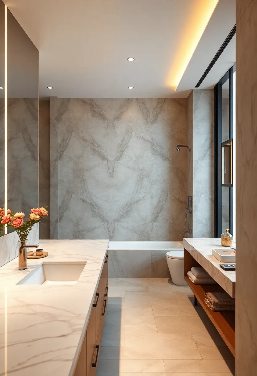 Luxurious Marble Countertops Reflecting ⁣Soft Ambient Light ‌in a Spacious High-End Bathroom