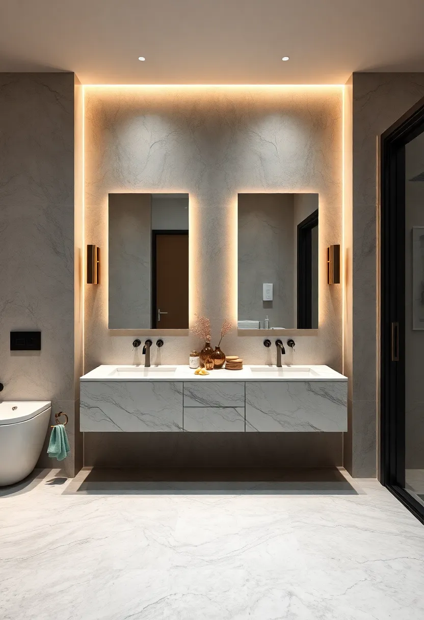 Marble Vanity with Dual ⁢Sinks and Under-Cabinet Lighting Creating a‌ Stylish and Functional Space