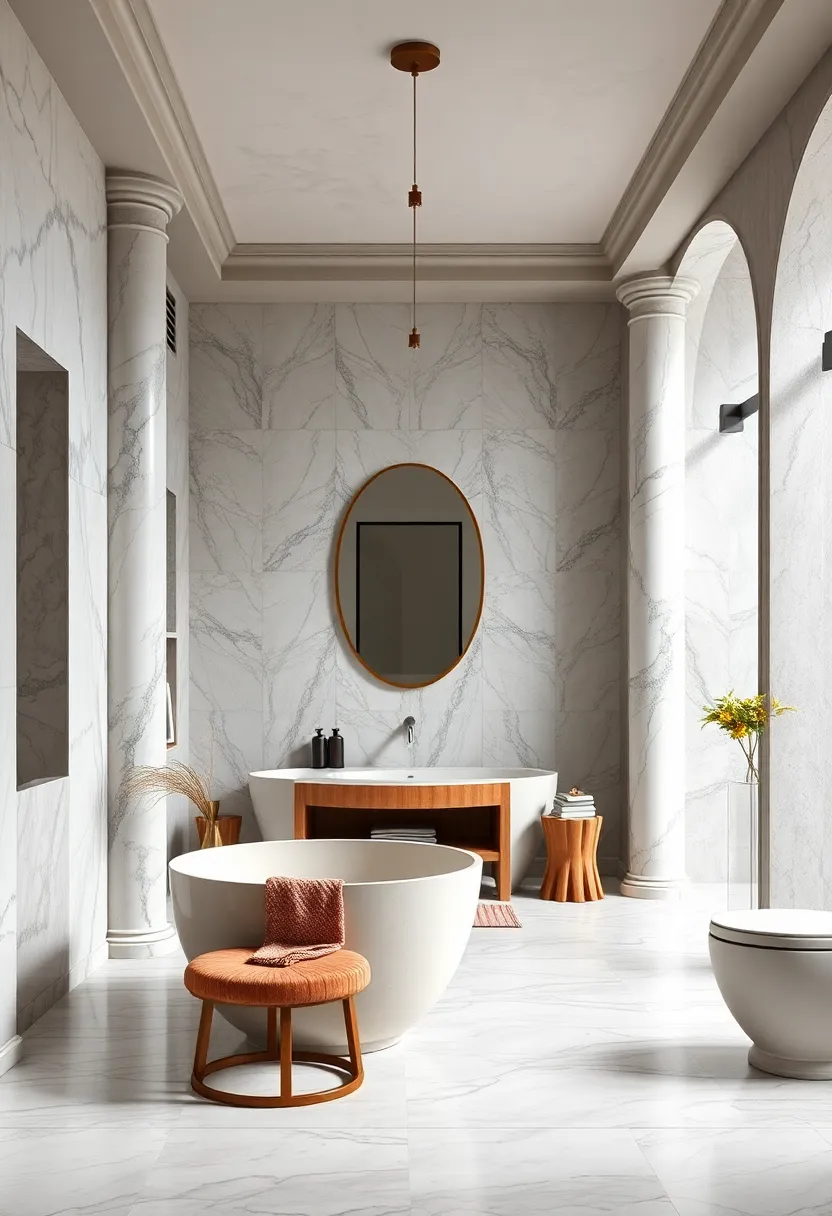 Marble Columns ⁢adding Classical Grandeur to a Spacious Bathroom with ​Vintage Charm