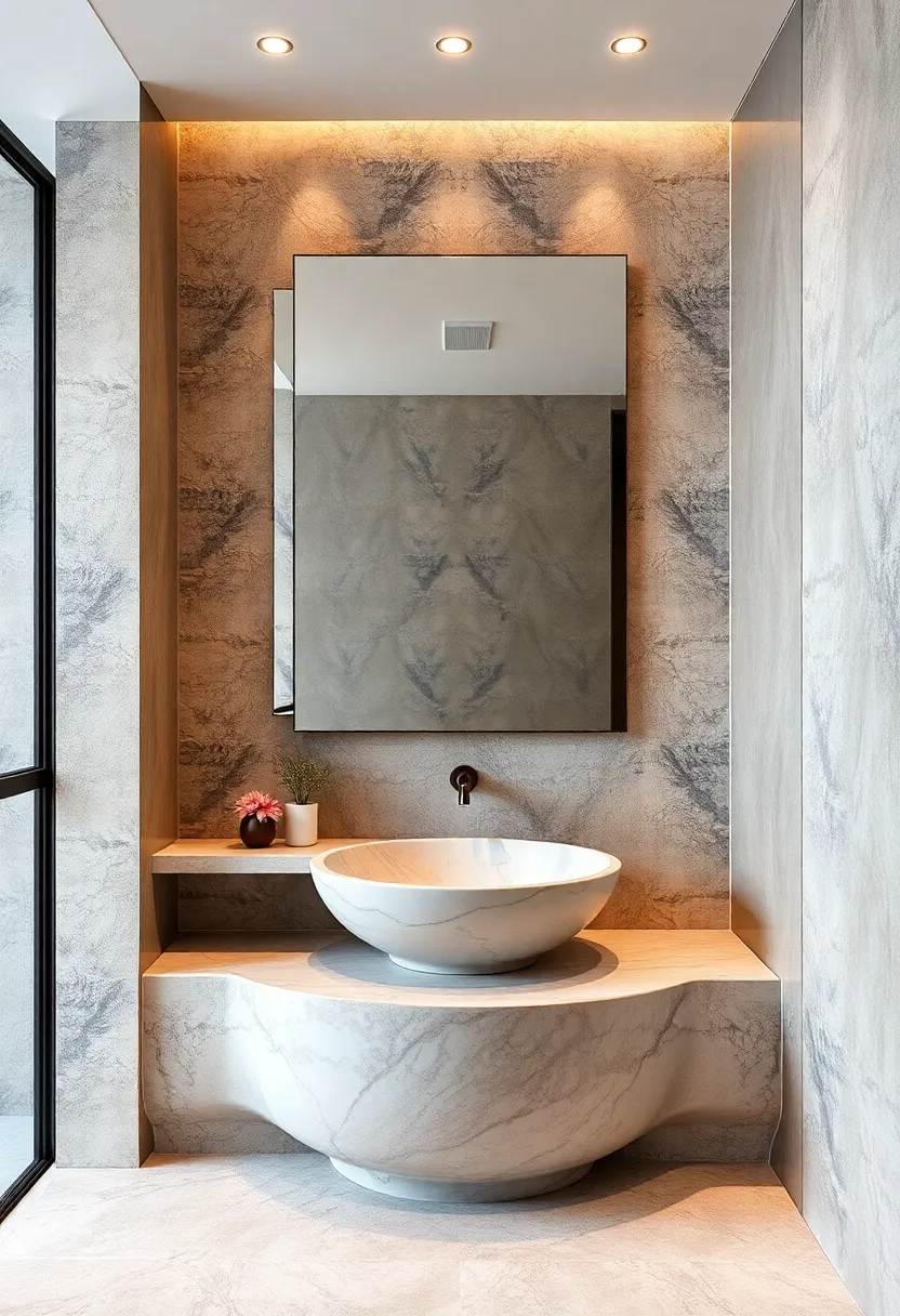 Marble Sink Basin Sculpted with Organic Curves Amidst Sleek, Minimalist Surroundings