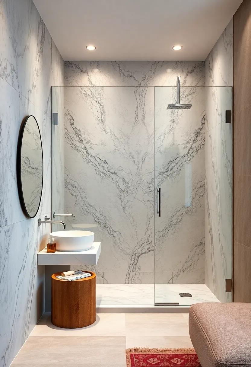 Marble Shower Enclosure ⁢with ​Frameless⁣ Glass Doors and Elegant Chrome Fixtures