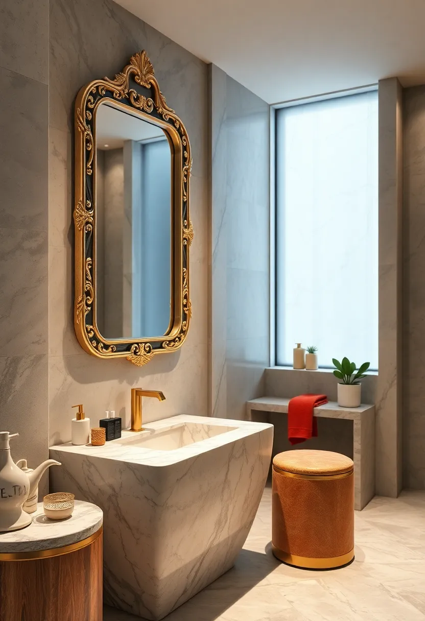 Ornate ​Marble Mirror⁣ Frame Enhancing the Artistic Appeal of ​a Luxe Bathroom Setting