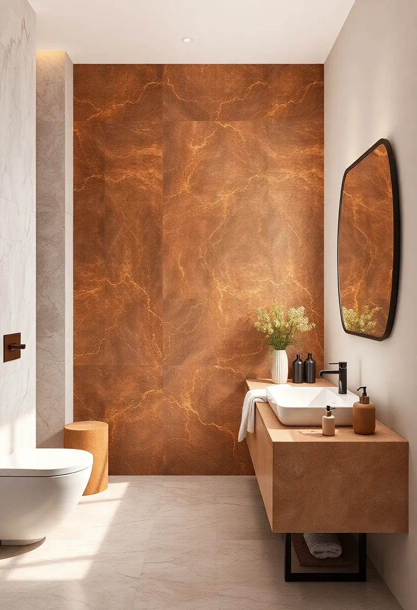Rich Brown Marble ‌with Gold Flecks ⁢Adding ⁣Warmth to an ⁤Ultra-Modern Bathroom​ Setting