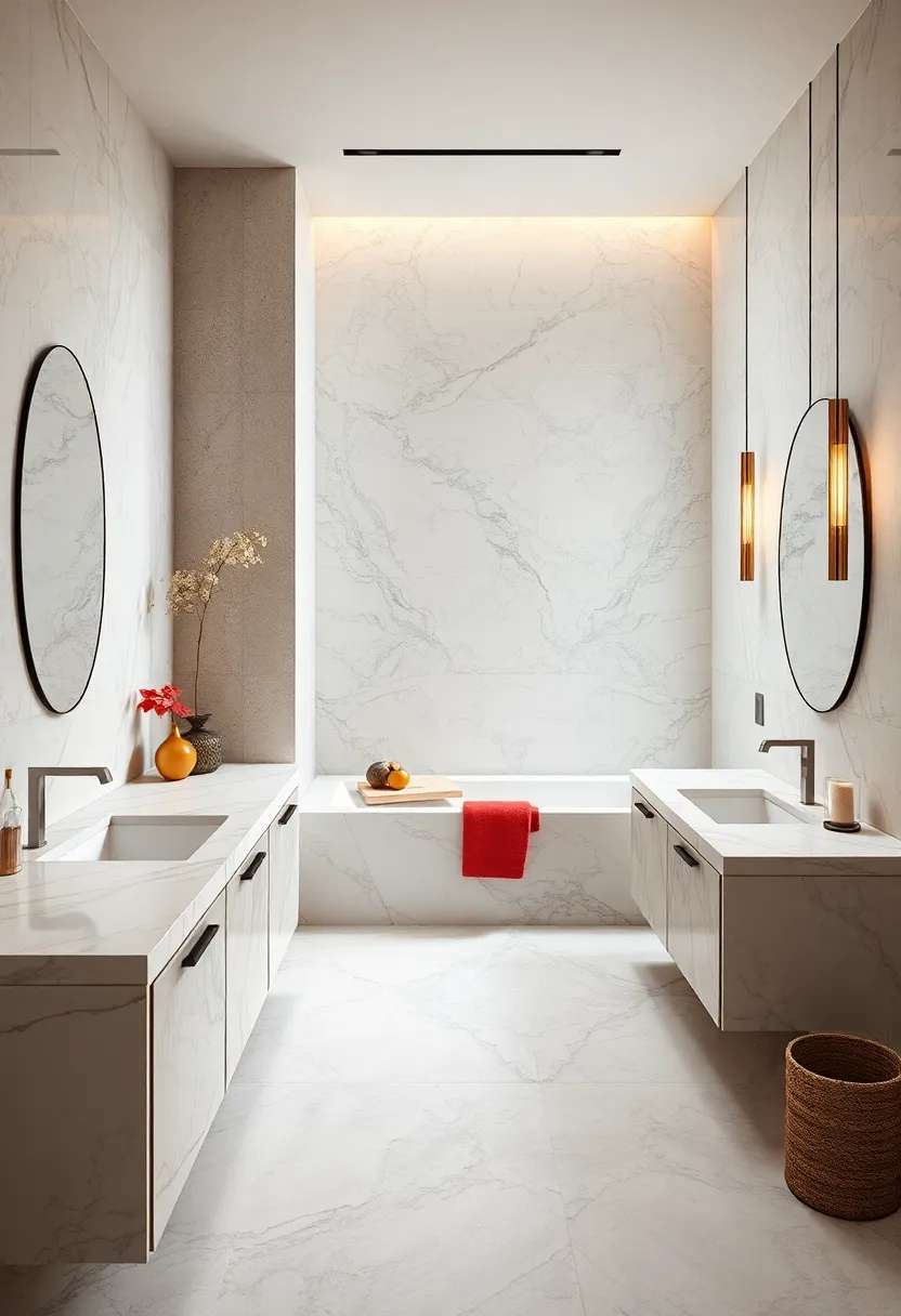 Seamless Marble Countertops Flowing into a Matching Tub Surround for Visual Cohesion