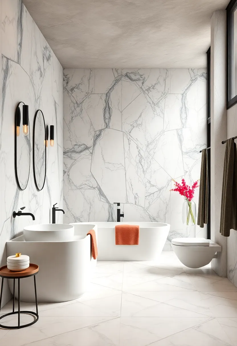 Sophisticated Marble⁢ Wall Panels Paired with Matte Black​ Fixtures in a ⁢Contemporary Bathroom Design