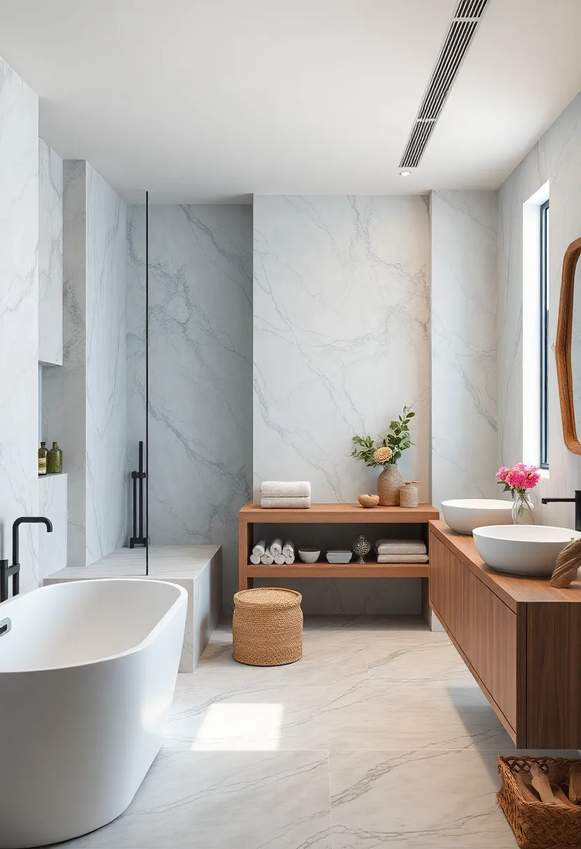 Subtle Blue-Toned Marble in a ⁢Coastal-Inspired Bathroom Featuring natural Driftwood Accents