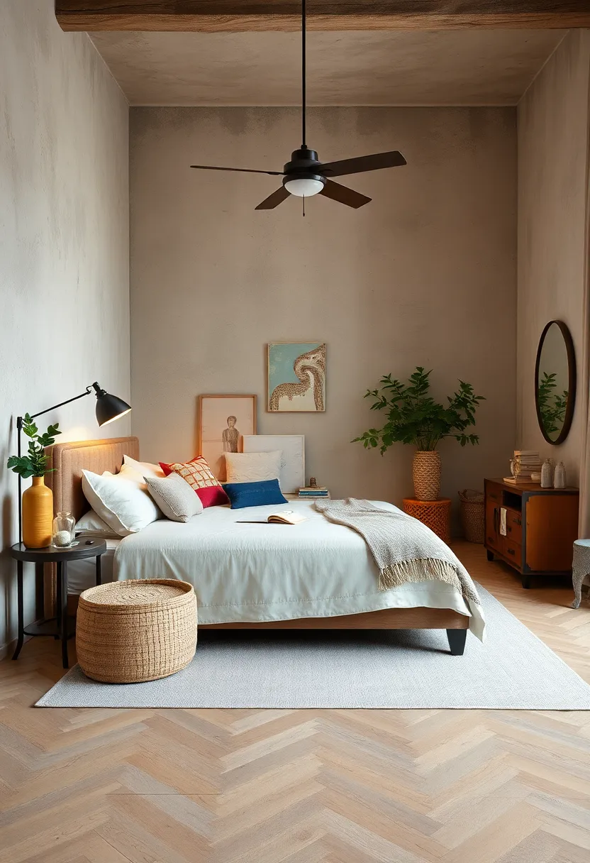 Include eclectic storage solutions like vintage trunks or woven baskets for both style and function