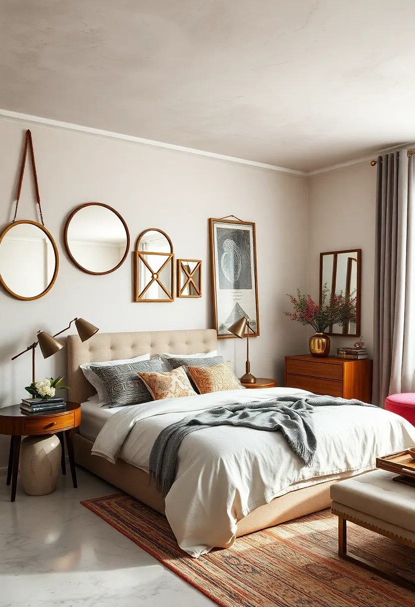 Use mirrors of varied shapes and frames to reflect light and expand the room visually