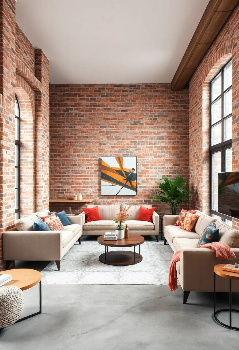 Embracing Exposed Brick Walls as the Backdrop for a Raw Industrial Living Room Aesthetic