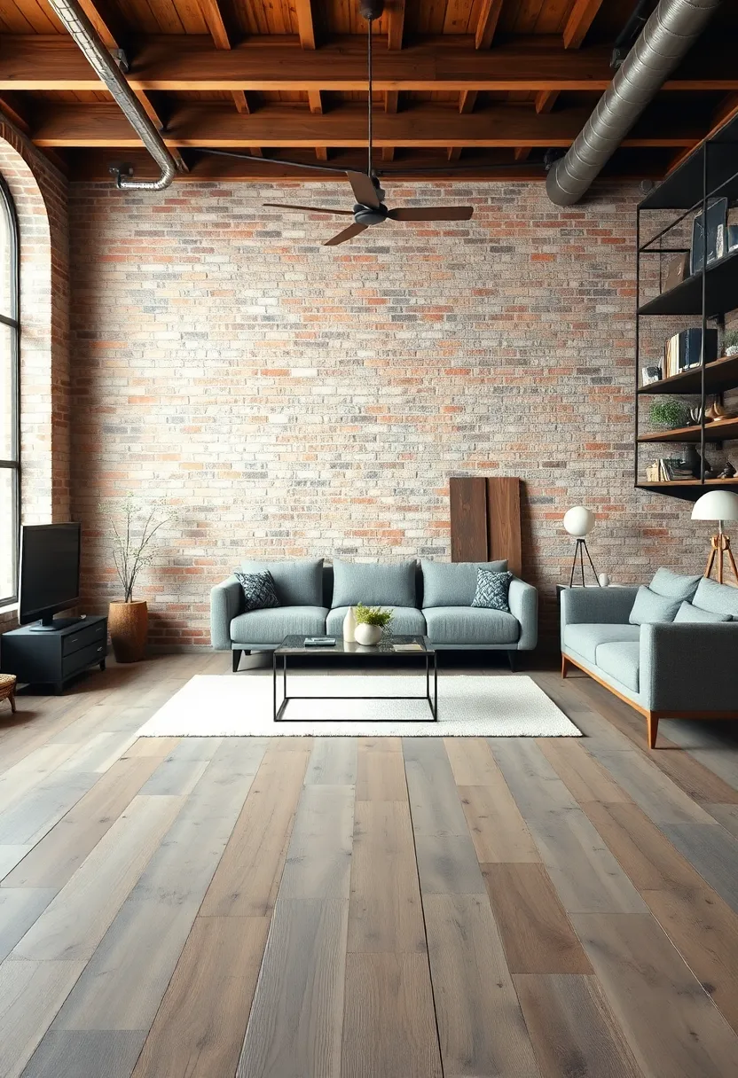 Embrace raw textures with exposed brick walls to create an inviting backdrop for your industrial living room