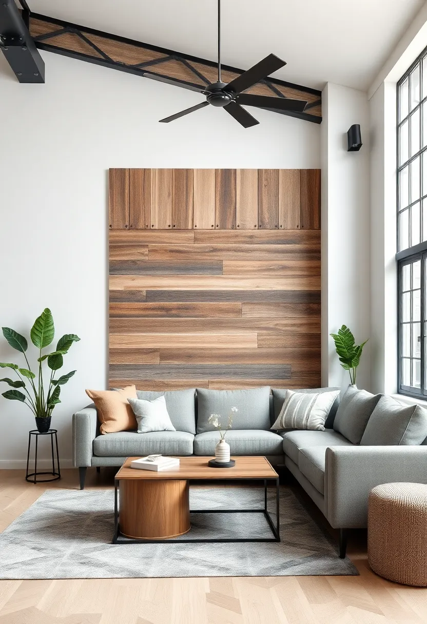 Add a rustic wooden accent wall to provide warmth and depth, serving as a focal point in your living room