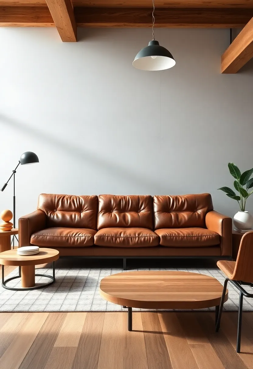 Choose a bold, oversized leather sofa that contrasts beautifully with softer wooden accents in your space