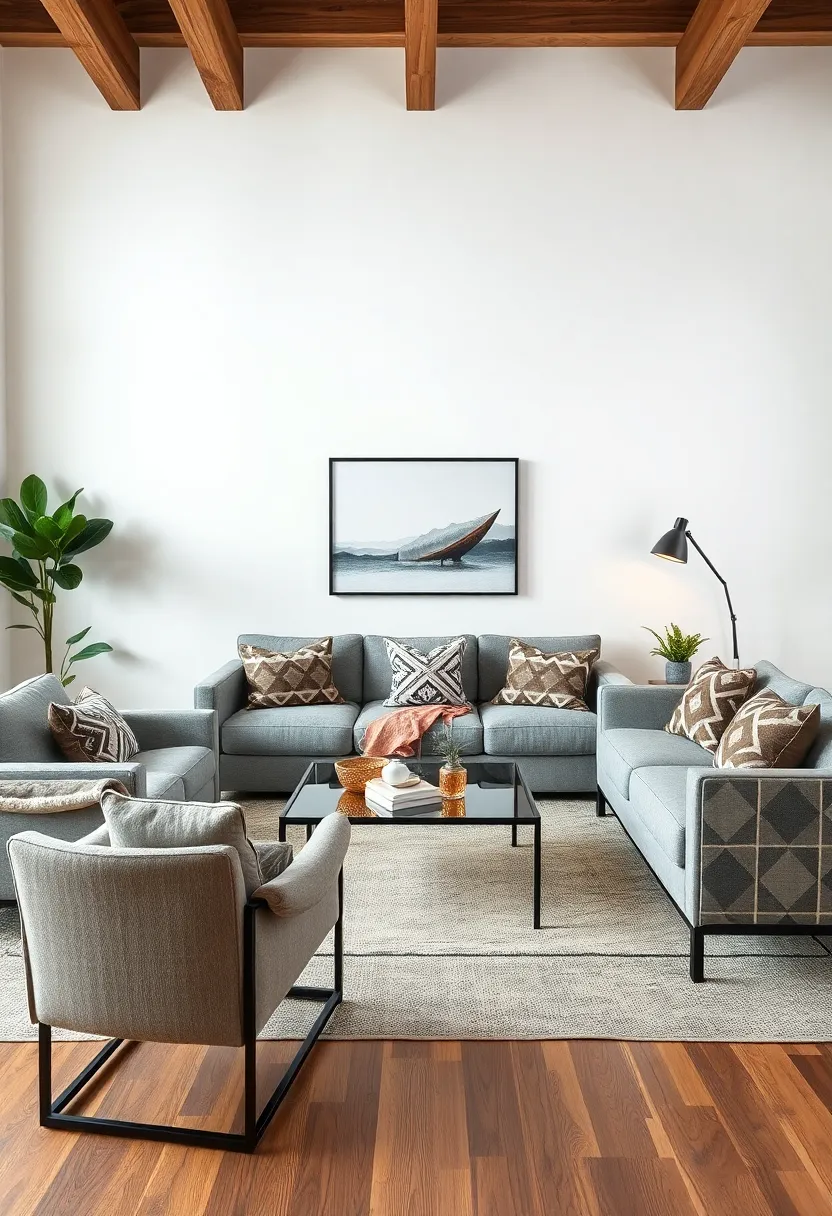 Play with geometric patterns in throw pillows or rugs to bring visual interest and modernity to the wood-and-metal mix