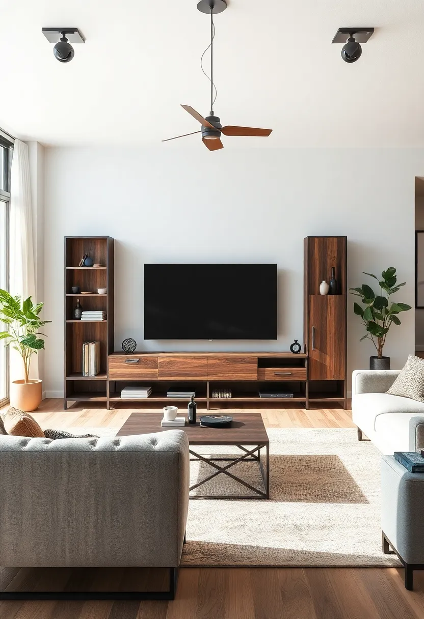 Use a mixture of metal and wood in your entertainment unit design for a seamless integration of styles
