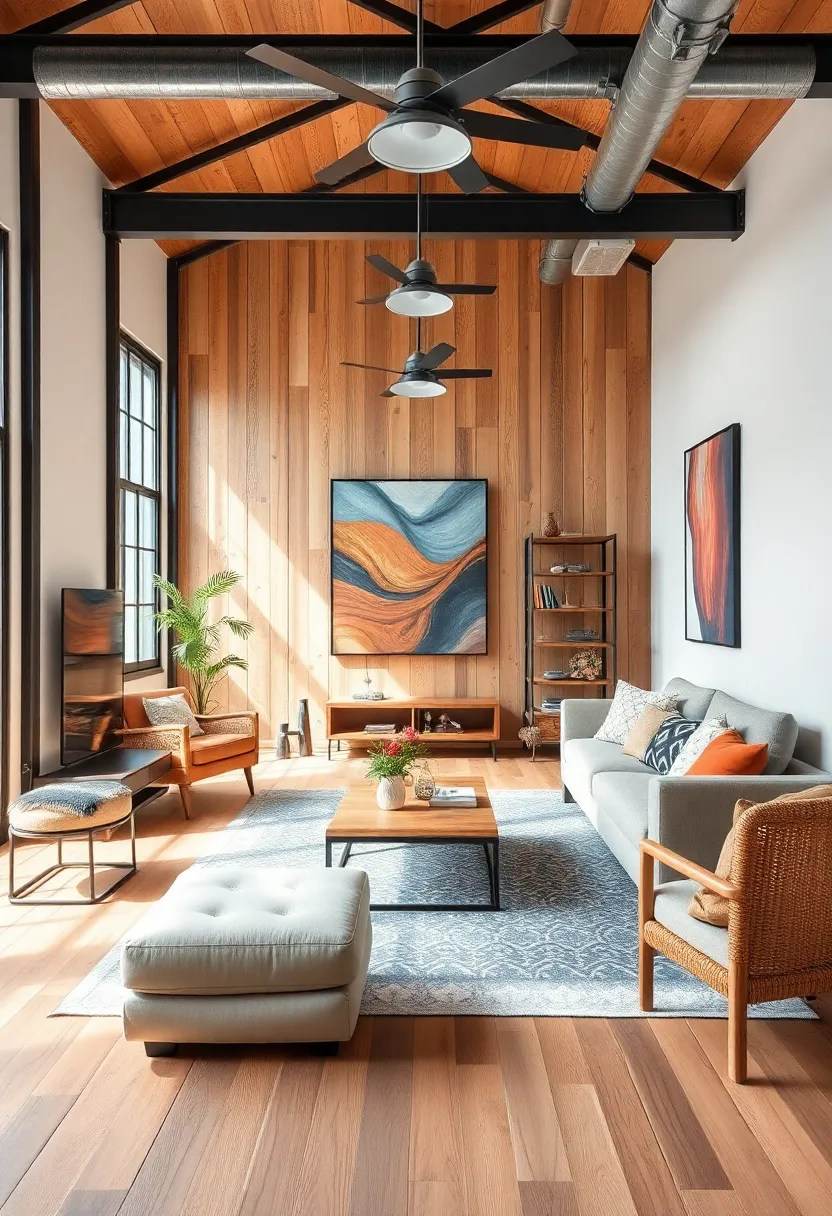 Choose bold accent colors in your art or textiles to enhance the natural warmth of wood and the coolness of metal