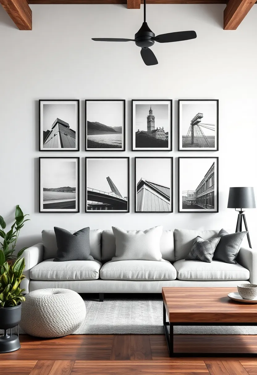 Create a gallery wall featuring black-and-white photography in metal frames to tie your color palette together
