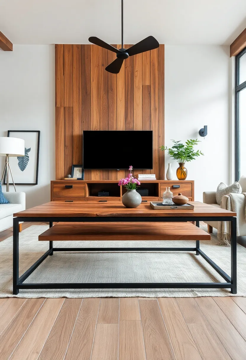 Incorporate a statement metal coffee table with a reclaimed wood top,blending elegance with functionality