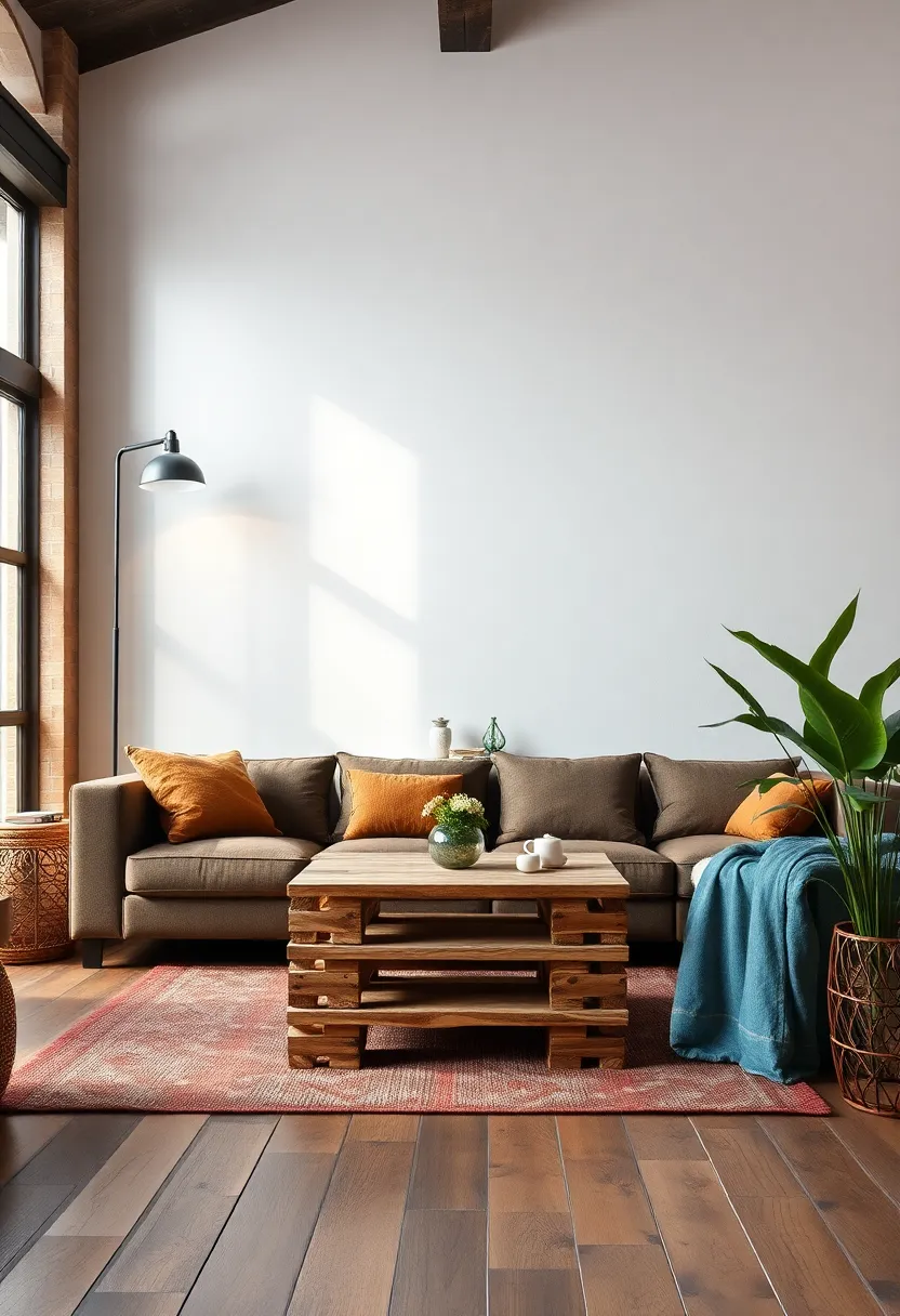 Use wooden pallets to create a unique coffee table or side table, reinforcing the DIY spirit of industrial design