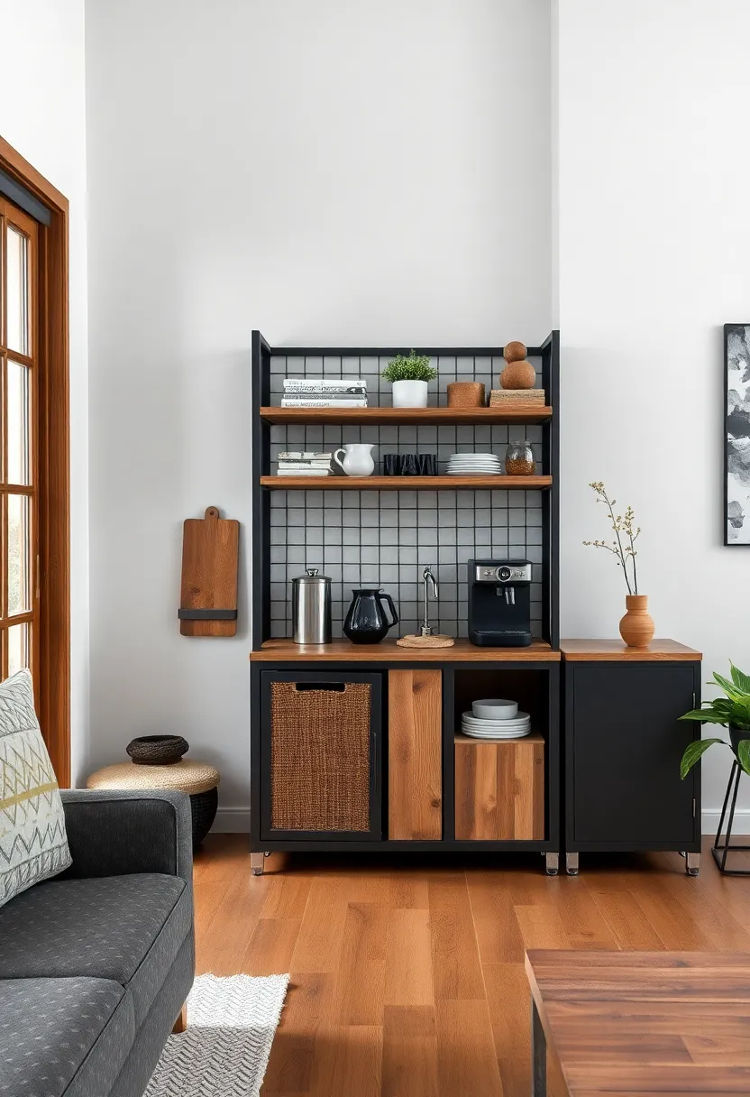 Incorporate a coffee station within the living room, using a mix of reclaimed wood and steel for a functional, stylish feature