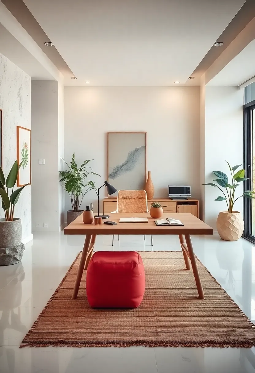 An airy setup with whitewashed floors,light bamboo desk accessories,and a subtle tatami mat for grounding warmth and authenticity