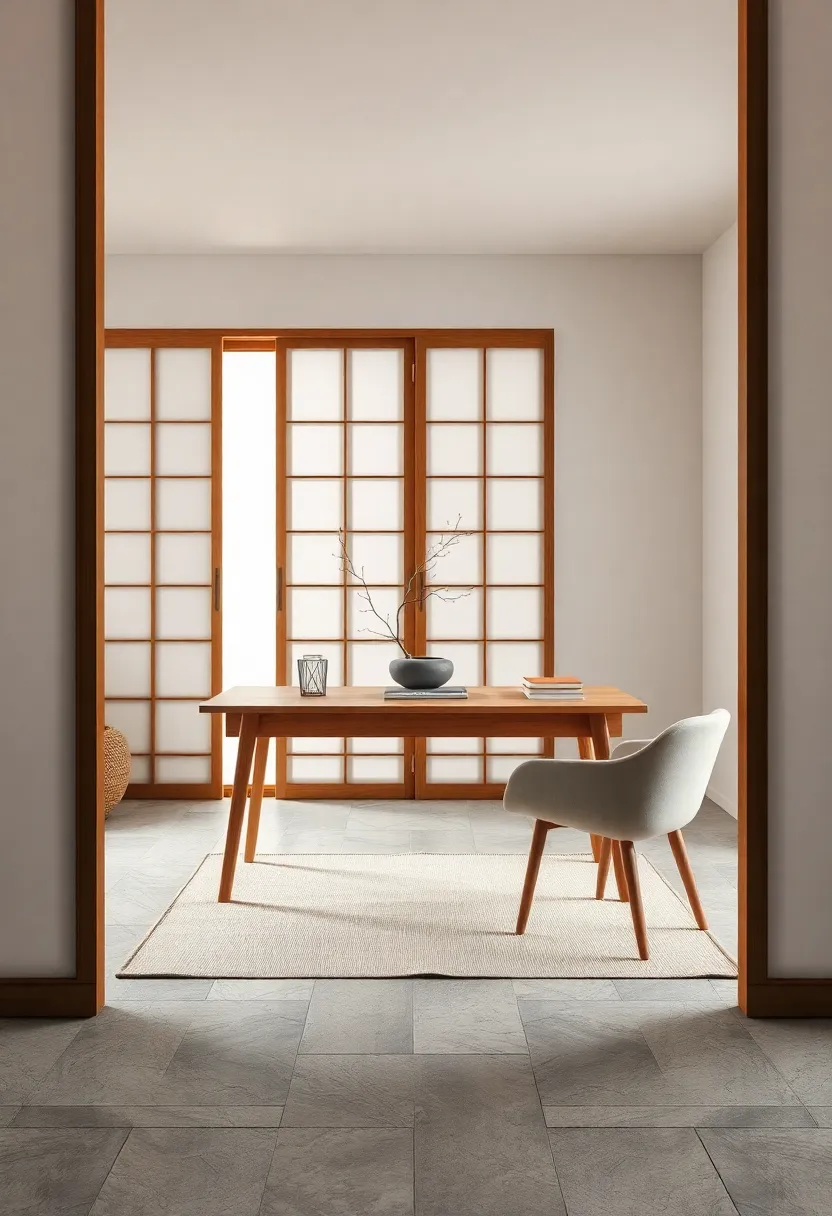A ‍calming workspace framed‍ by sliding shoji doors, featuring a‍ clean-lined pine desk, natural linen desk ​pad, and a delicate ikebana arrangement