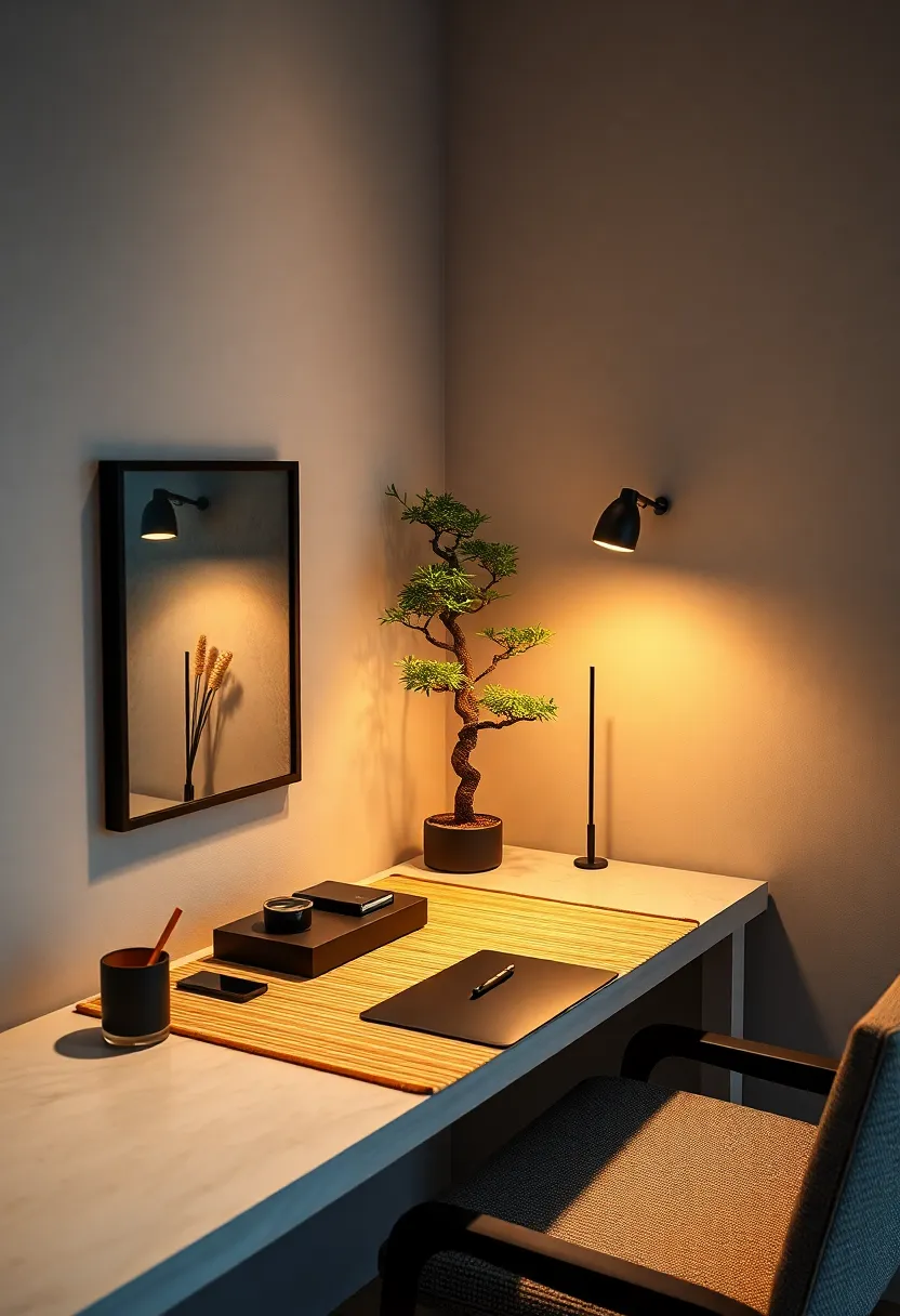 A compact nook with a bamboo desk mat, matte black desk accessories, and an understated bonsai tree for a touch of nature