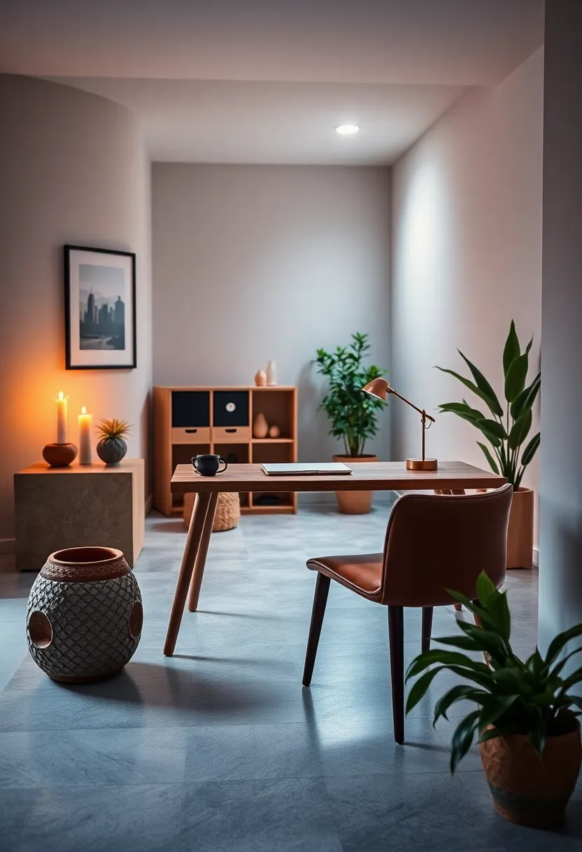 A compact wooden desk with tapered legs, paired with a low back leather chair and ​accented by textured ceramic planters and soft candlelight