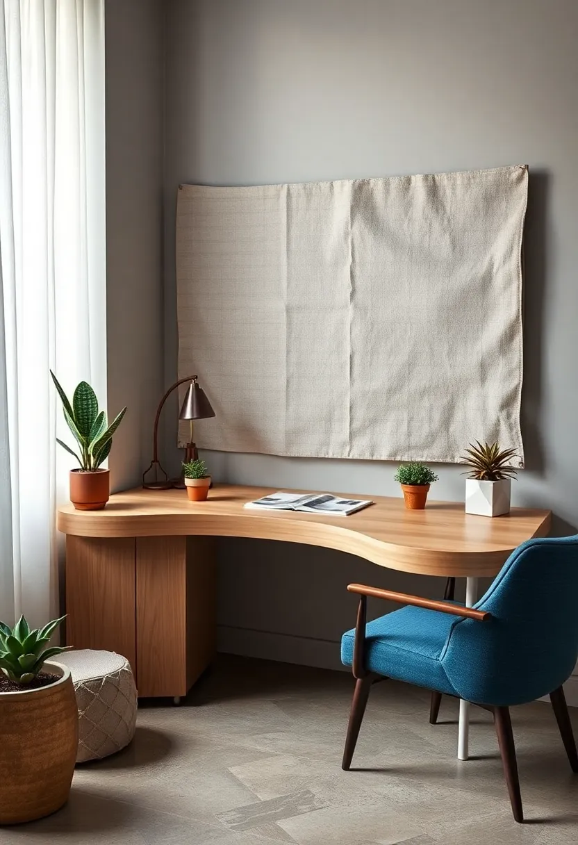 A corner​ desk with a ⁢curved silhouette in light ash wood, complemented by⁢ an oversized linen bulletin board and potted succulents