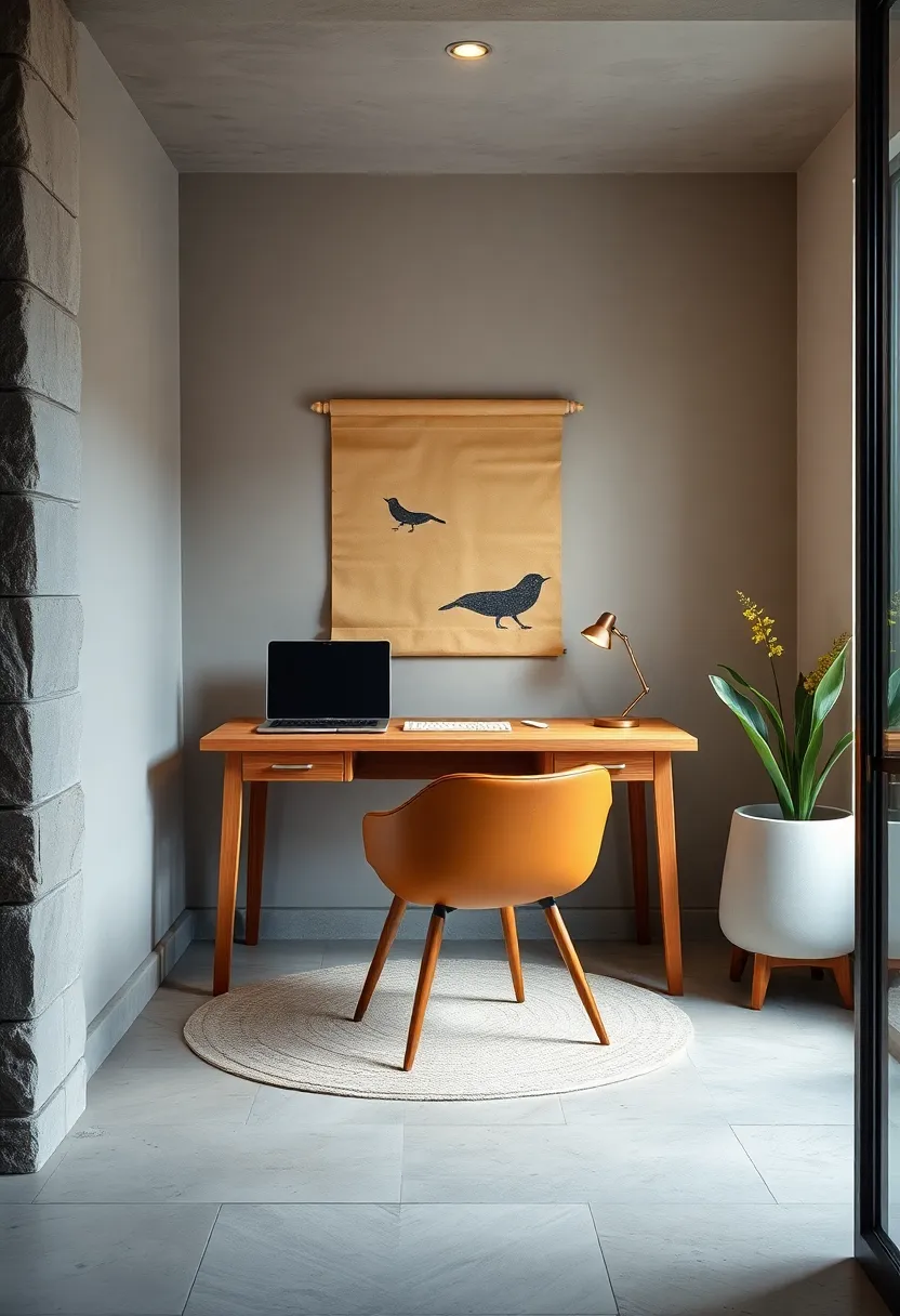 A cozy corner workspace ​with a streamlined maple desk, a low-back chair in soft leather, and a textured paper scroll adding subtle‌ artistic flair