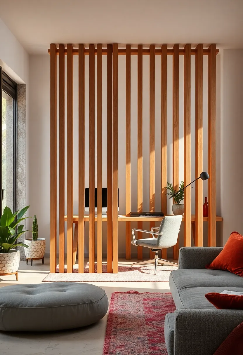 A dual-purpose⁣ room divider made⁣ from⁣ slatted wood panels, allowing natural light to filter in while defining a calm‌ and​ clutter-free ‌office ⁤zone