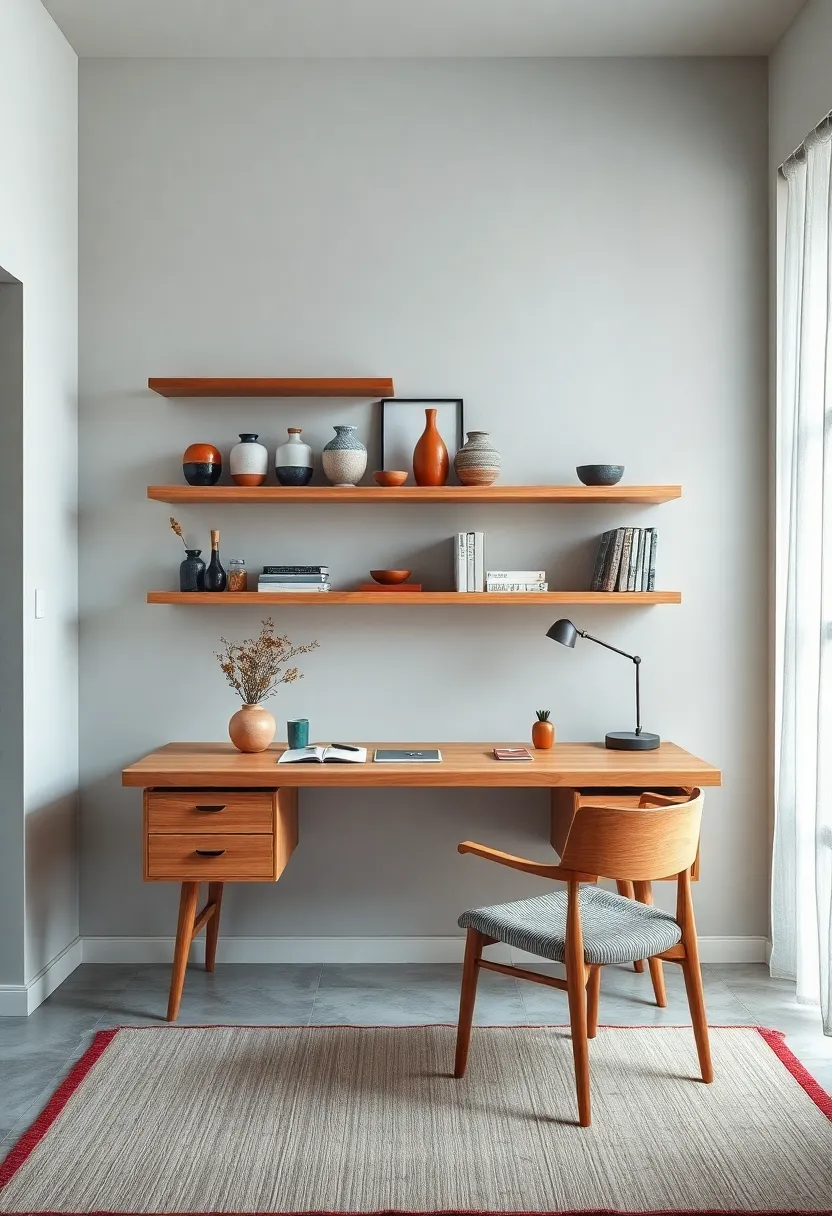 A floating ​wall shelf setup‌ with ​handcrafted ceramic vases and minimal stationery, anchored‌ by a light oak desk and tatami-inspired rug