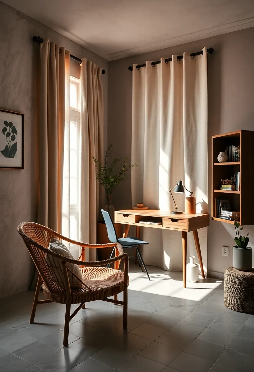 An inviting home office​ nook​ with a minimalist rattan chair, soft wool curtains, and a compact, clean-lined wooden desk with hidden storage