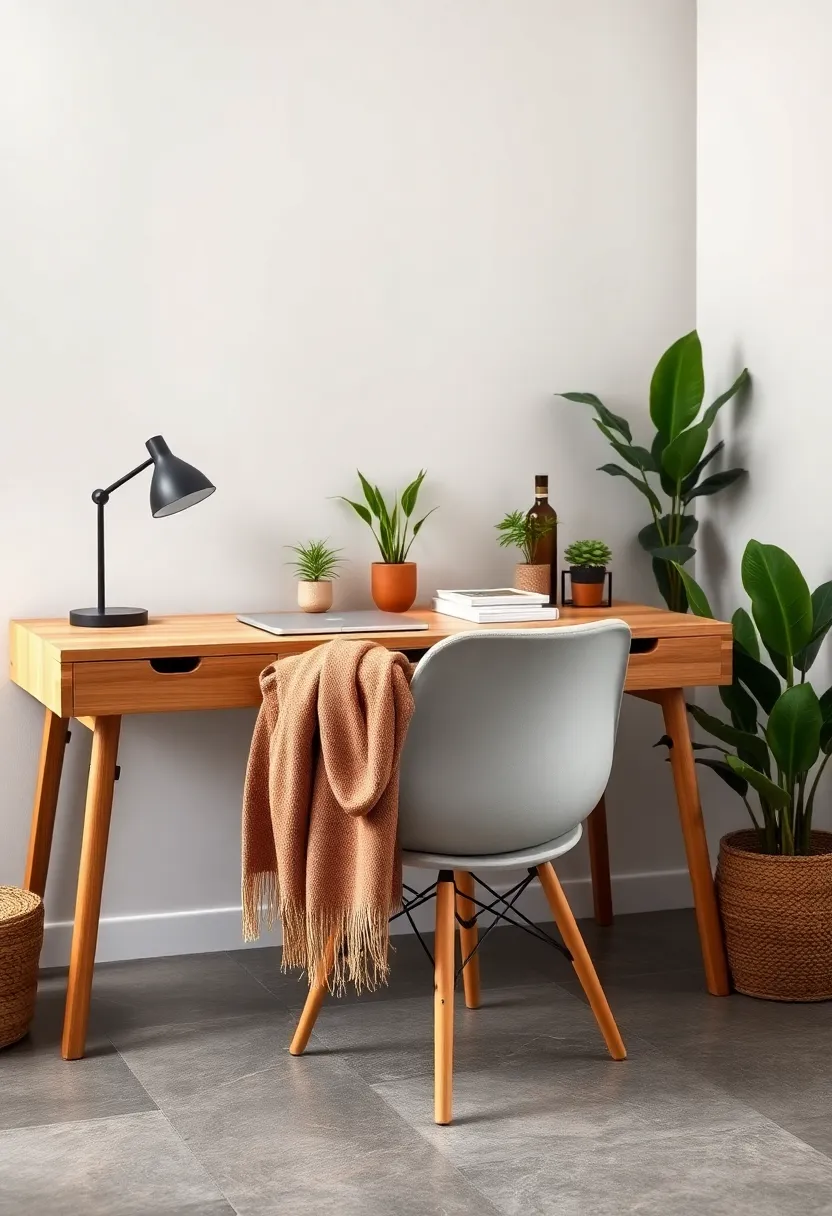 A mid-sized desk with a natural finish, combined with ⁣a handcrafted wool throw draped over a simple chair, and a​ small cluster of indoor plants