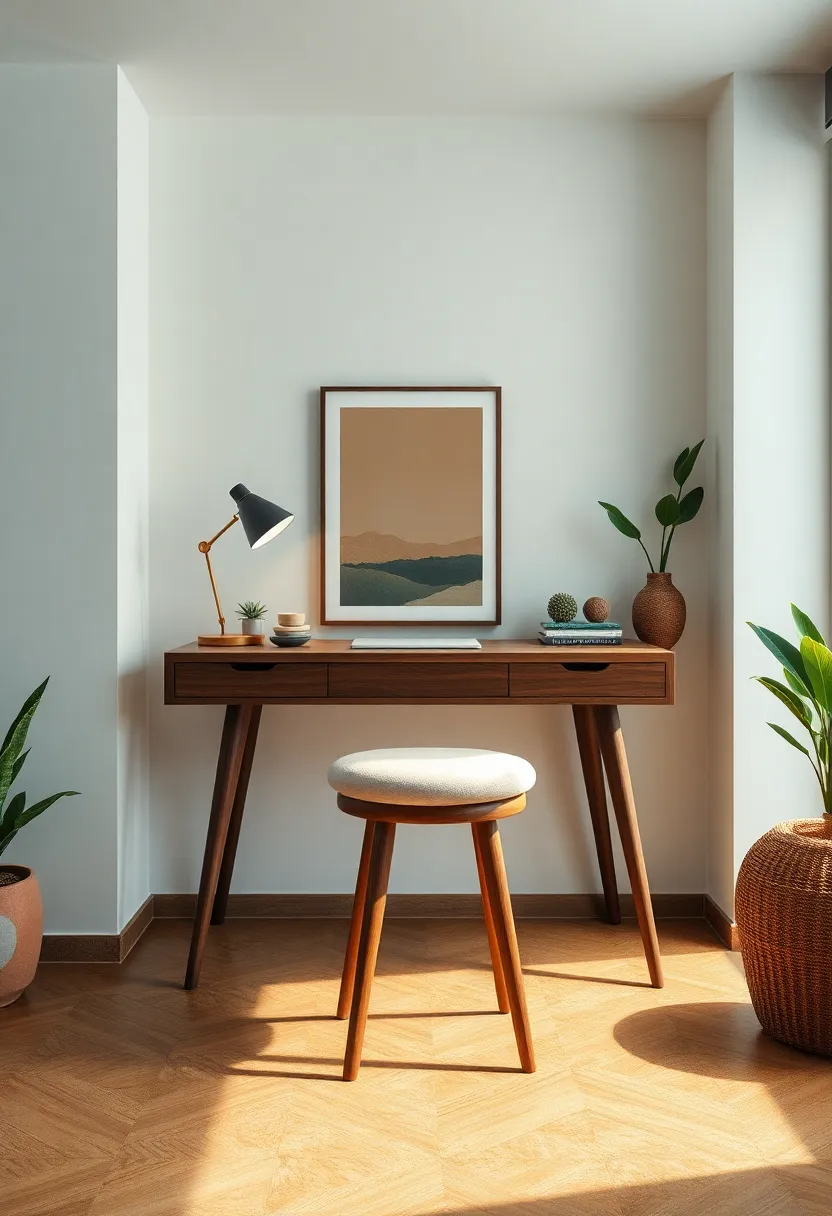 A minimalist workspace featuring a tapered-legged desk,a handcrafted wooden ‌stool,and a single statement art print in muted earth tones
