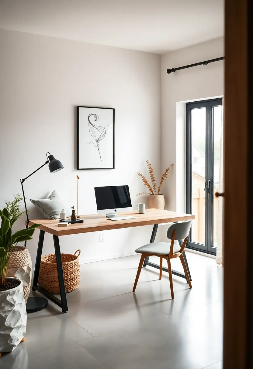 A minimalist⁢ Scandinavian-style desk featuring‌ smooth ⁤birch wood and ‌black⁤ steel accents, balanced by warm cotton cushions and⁣ natural fiber baskets