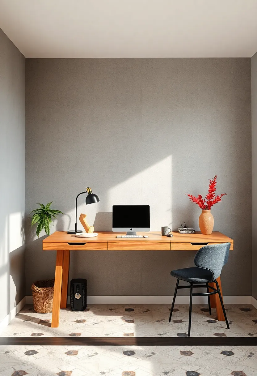 A modern standing desk crafted from warm elm wood, paired‍ with muted stone-gray walls and minimalist encaustic⁤ floor tiles