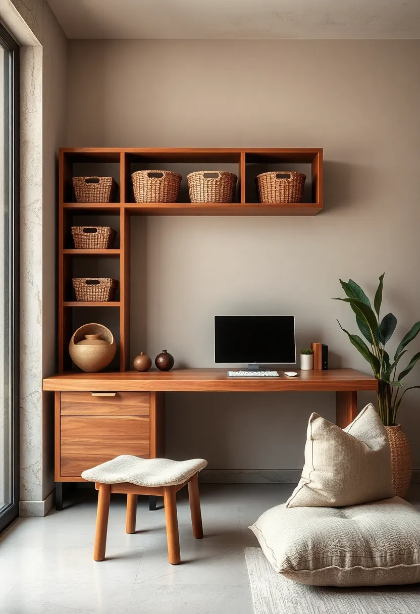 An‍ open shelving unit holding natural fiber storage baskets, paired with a smooth teak desk and a neutral-toned floor cushion