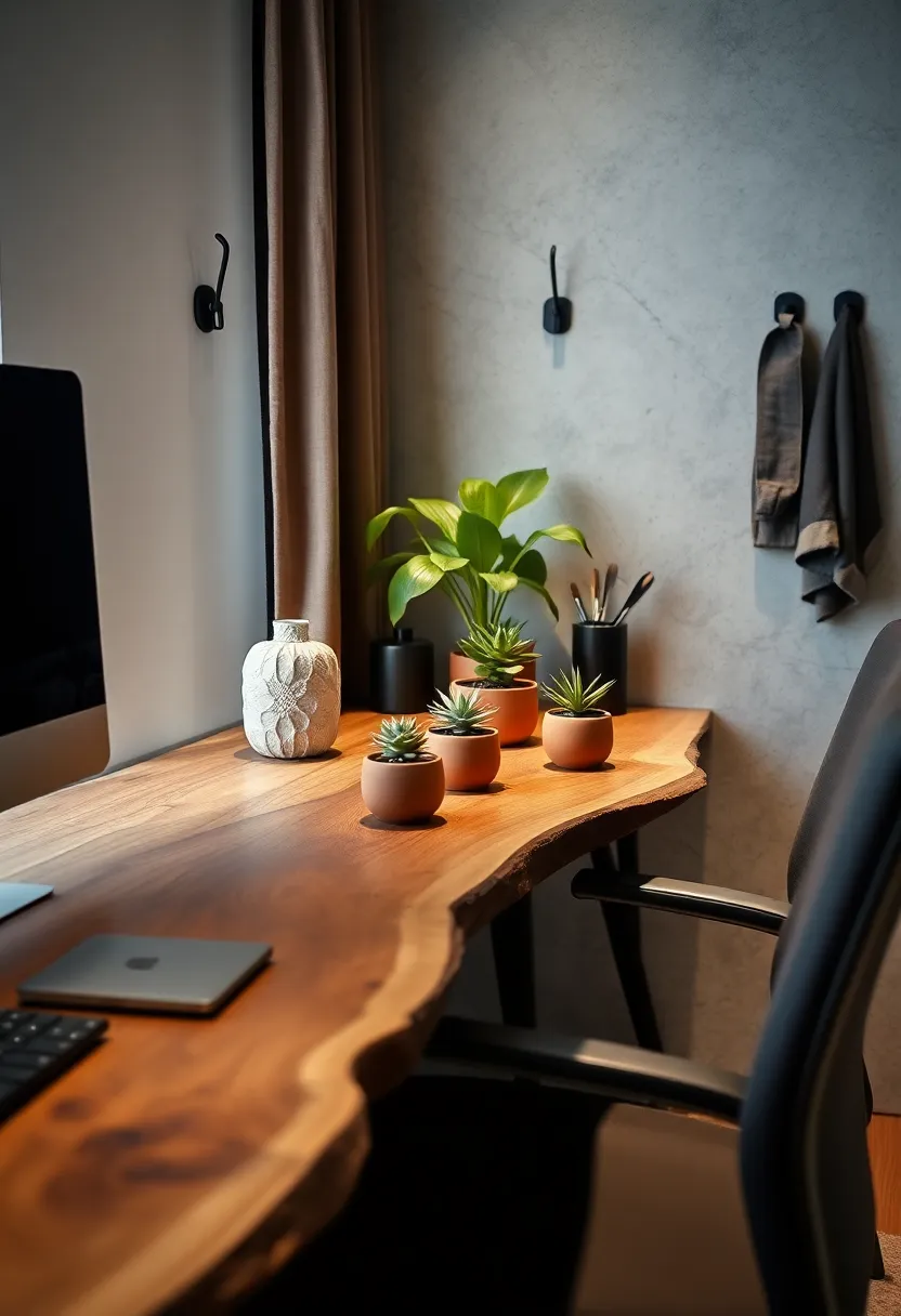 An organized desk setup⁤ with‍ a live-edge wood surface, simple clay pots for succulents, and matte black metal wall ⁣hooks keeping essentials tidy